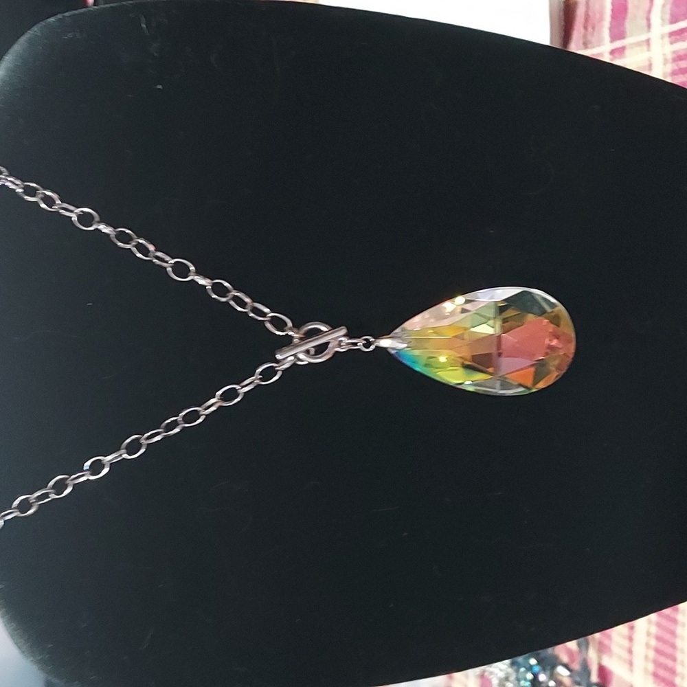 Silver tone ab tear shape crystal pendant, toggle clasp